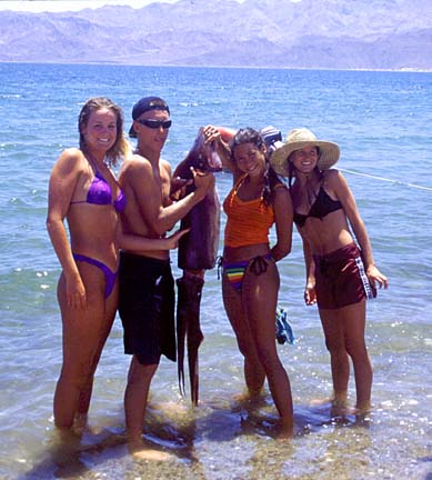 Students with Humboldt squid at Bahia de los Animas, south of Bahia de los Angeles, Baja California, Mexico.