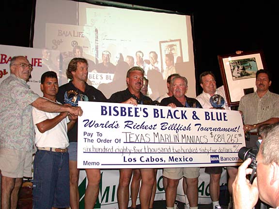 Photo of winning "Texas Marlin Maniacs" team, Bisbee's 2001 tournament, Cabo San Lucas, Mexico.