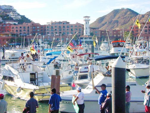 Photo of sportfishing boats protesting Mexican fisheries policy at Cabo San Lucas, Mexico.
