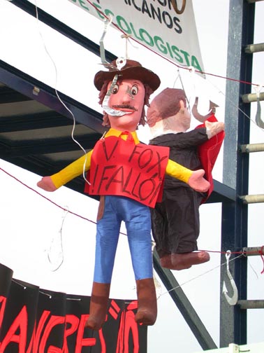 Photo of Mexican President Vicente Fox hung in effigy at Cabo San Lucas, Mexico.