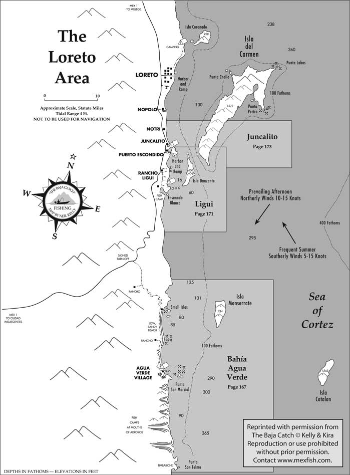 Fishing map of Loreto, Baja, California Sur, Mexico, reprinted with permission from The Baja Catch.