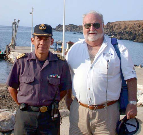 Photo of Capt. Frag. C. G. Miguel Lopez Ortiz and Julio Berdegue at Isla Socorro, Mexico.