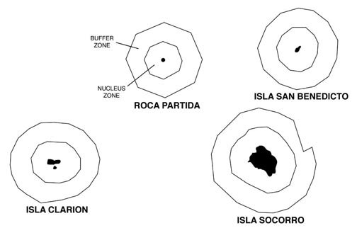 Drawing of Mexico's Revillagigedo Islands, showing boundaries of the Biosphere Reserve.